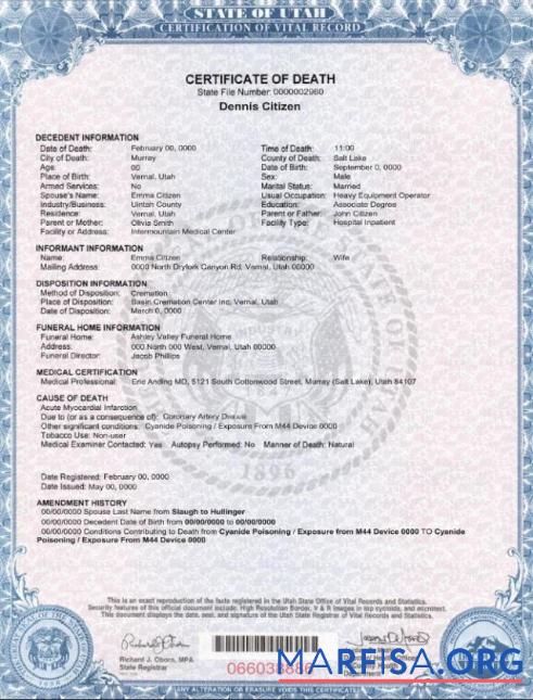 Professionell USA state Utah Tod Zertifikat Vorlage in PSD Format