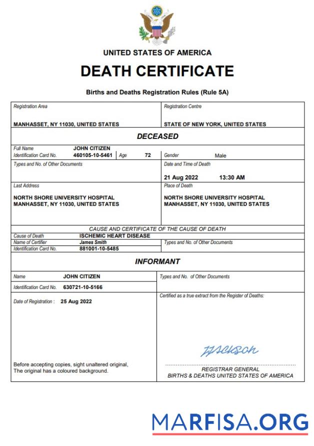 Bearbeitbar USA vital record Tod Zertifikat Word and PDF Vorlage
