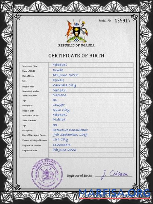 Hohe Qualität Uganda Geburt Zertifikat PSD Vorlage