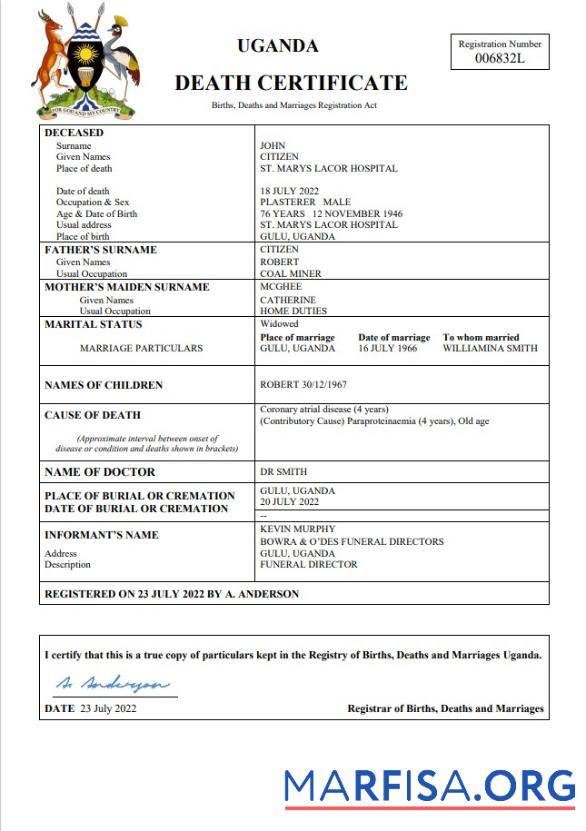 Realistisch Uganda vital record Tod Zertifikat Word and PDF Vorlage