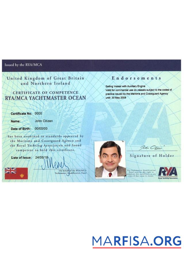 Vereinigtes Königreich RYA Yachtmaster Certificates of Competence Probe