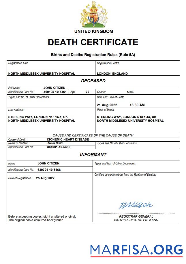 Premium Vereinigtes Königreich vital record Tod Zertifikat Word and PDF Vorlage