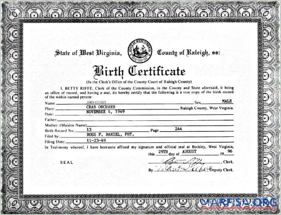 Vereinigte Staaten Clerk's office of West Virginia Geburt Zertifikat Probe