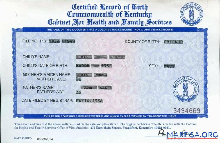 Vereinigte Staaten Commonwealth of Kentucky Geburt Zertifikat Probe
