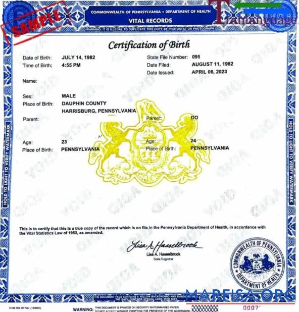 Vereinigte Staaten Commonwealth of Pennsylvania Zertifikat of Geburt Vorschau