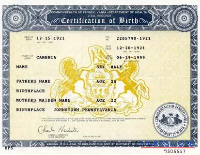 Vereinigte Staaten Commonwealth of Pennsylvania Geburt Zertifikat Probe