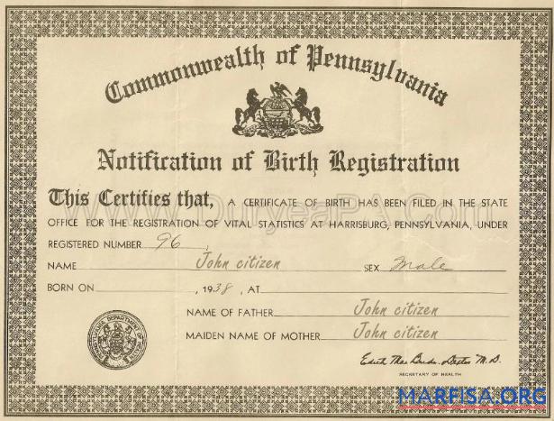 Vereinigte Staaten Commonwealth of Pennsylvania Zertifikat of Geburt Registrierung Design