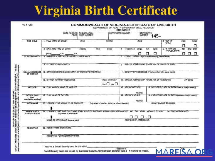 Vereinigte Staaten Department of Gesundheit Division of Virginia Geburt Zertifikat Vorschau
