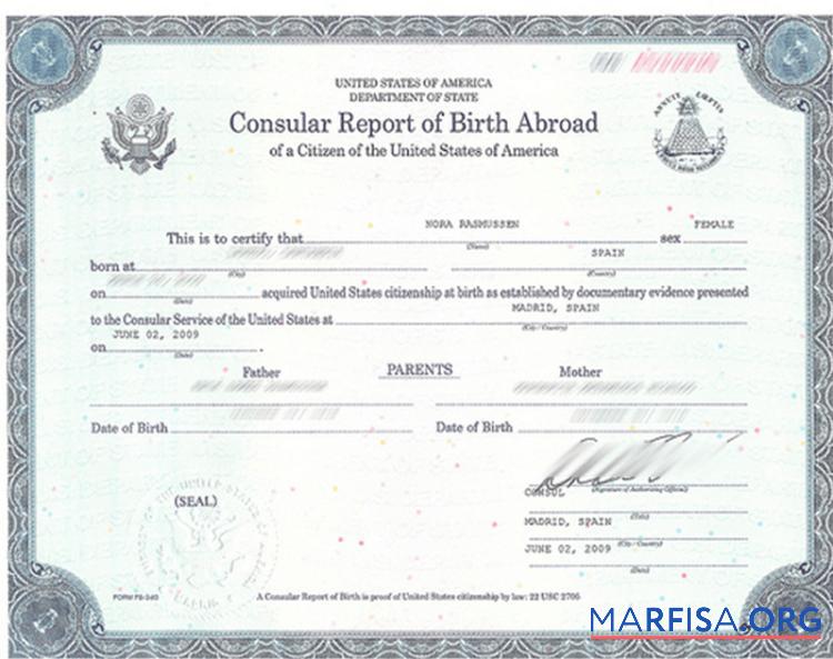 Vereinigte Staaten Department of State Zertifikat of Geburt abroad Mockup