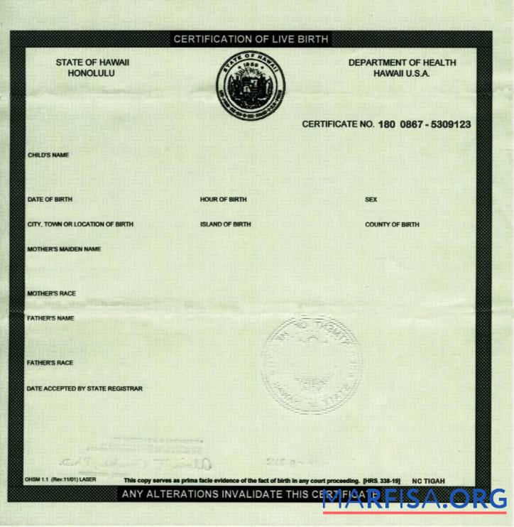 Vereinigte Staaten Department of Gesundheit Hawaii Zertifizierung of Geburt Probe