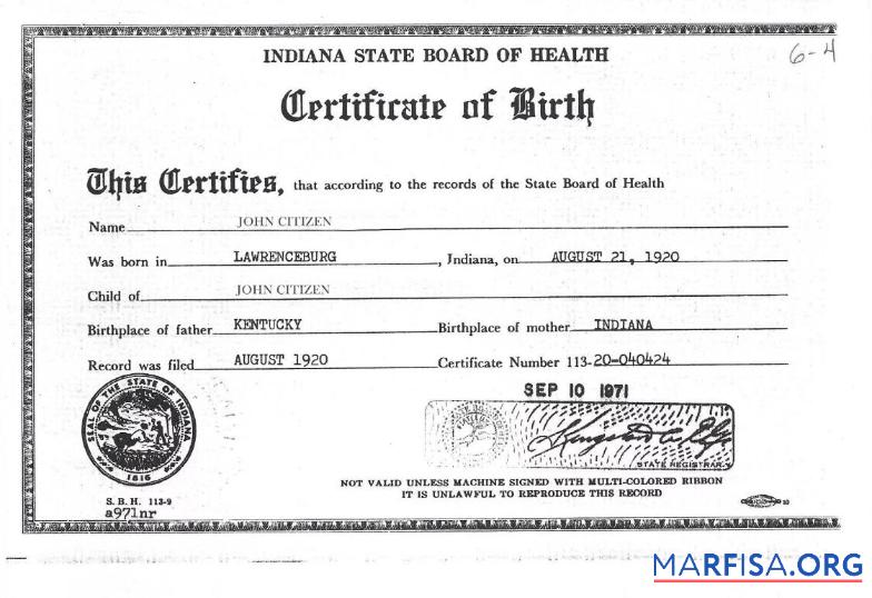 Vereinigte Staaten Indiana State board of Gesundheit Geburt Zertifikat Vorlage