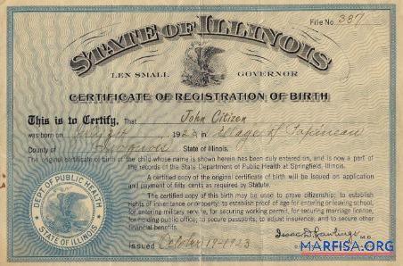 Vereinigte Staaten Public Gesundheit of State of Illinois Geburt Zertifikat Vorschau
