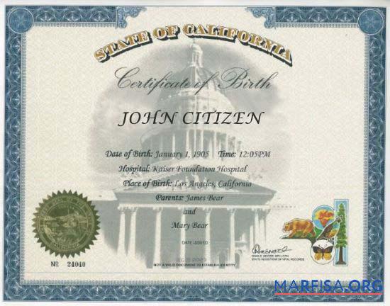 Vereinigte Staaten State of California Geburt Zertifikat Vorschau
