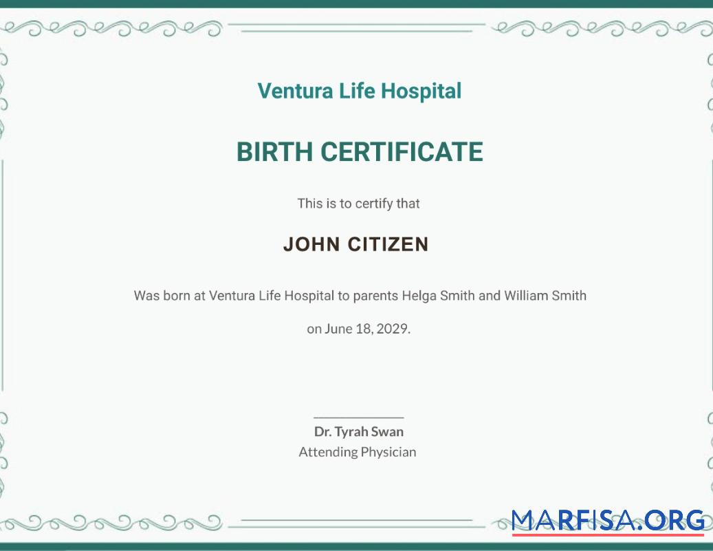 Vereinigte Staaten Ventura Life hospital Geburt Zertifikat Probe