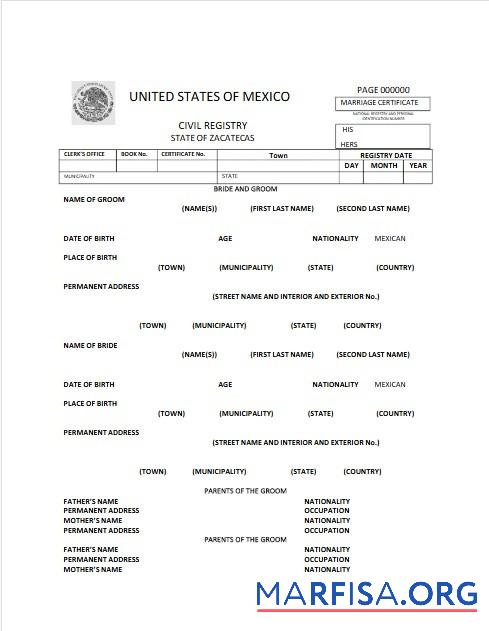 Vereinigte Staaten of Mexiko Civil registry of Zacatecas Ehe Zertifikat Mockup