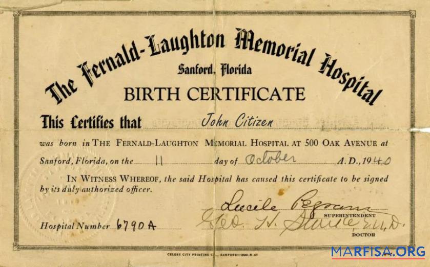 Vereinigte Staaten the Fernald Laughton Memorial hospital Geburt Zertifikat Vorlage