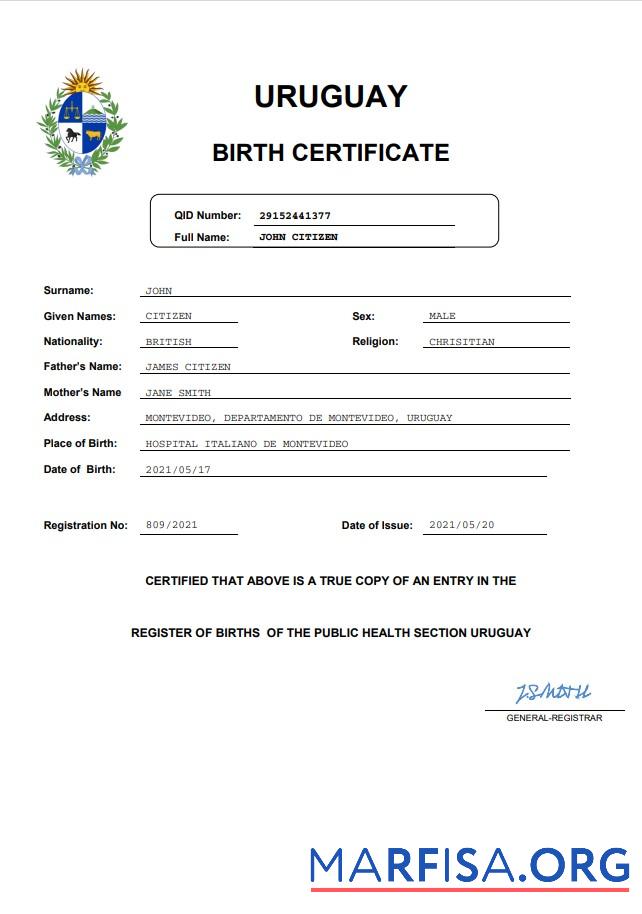Professionell Uruguay vital record Geburt Zertifikat Word and PDF Vorlage