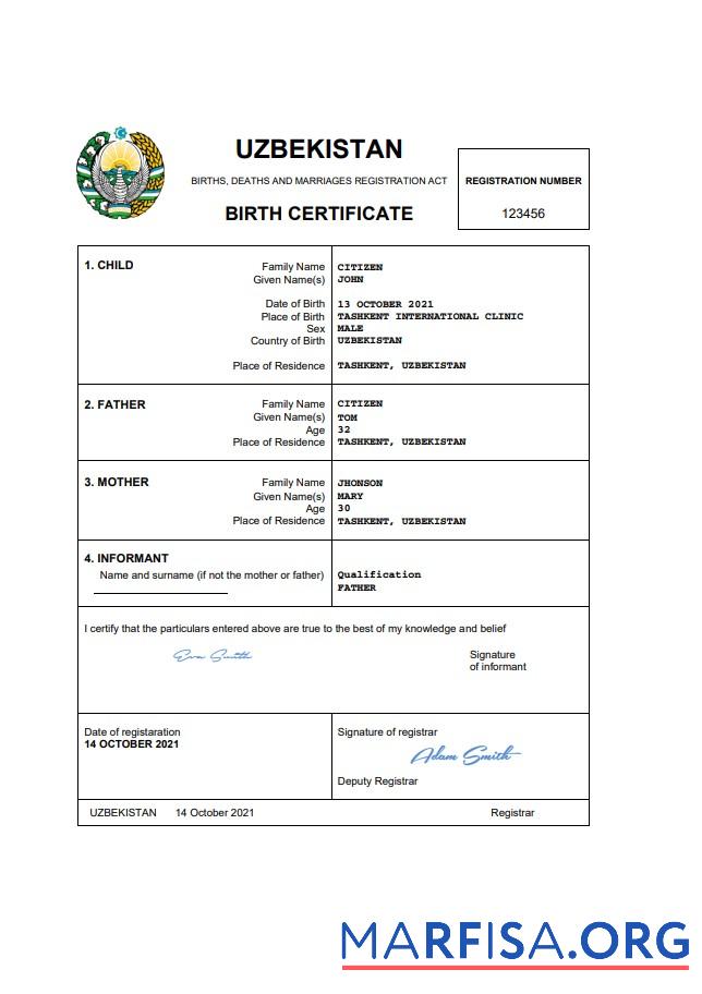 Professionell Usbekistan vital record Geburt Zertifikat Word and PDF Vorlage
