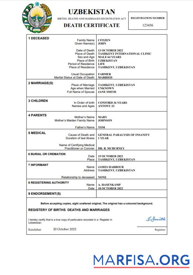 Professionell Usbekistan vital record Tod Zertifikat Word and PDF Vorlage