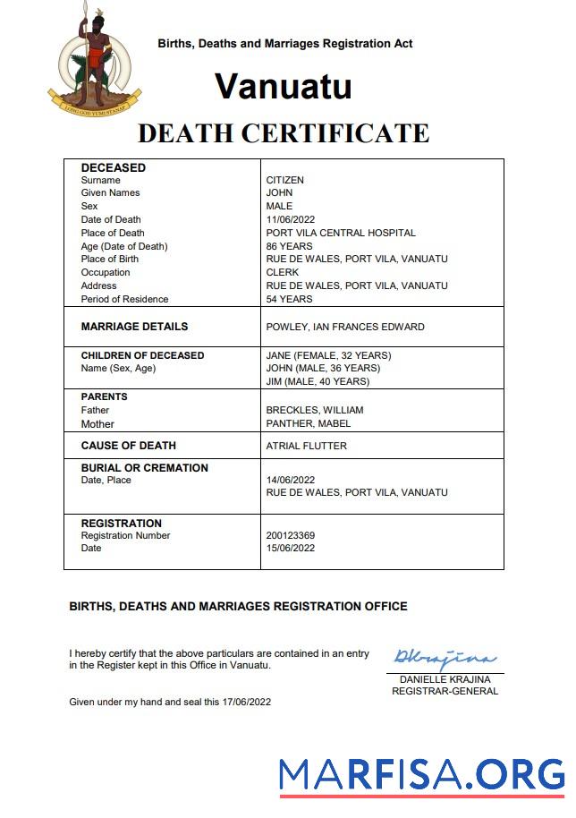 Premium Vanuatu Tod Zertifikat Word and PDF Vorlage