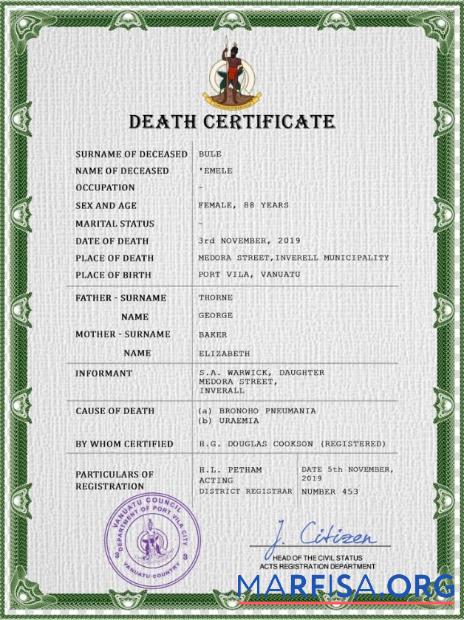 Hohe Qualität Vanuatu vital record Tod Zertifikat PSD Vorlage