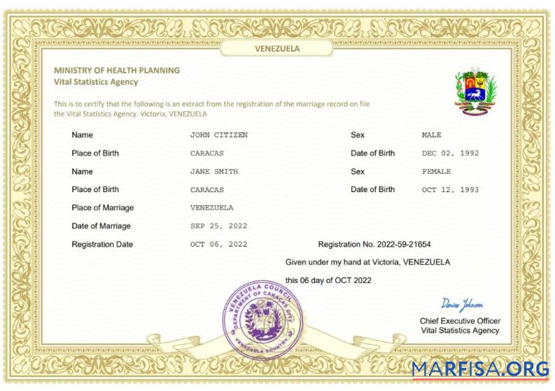 Bearbeitbar Venezuela Ehe Zertifikat Word and PDF Vorlage