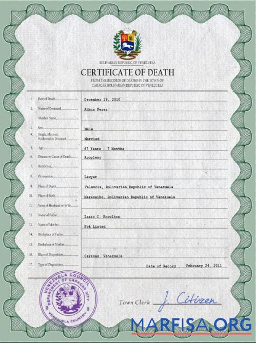 Bearbeitbar Venezuela vital record Tod Zertifikat PSD Vorlage
