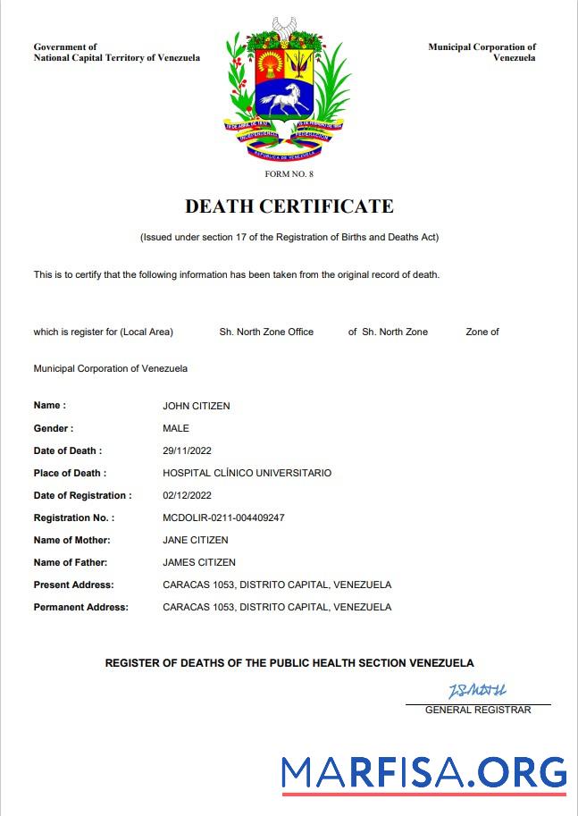 Hohe Qualität Venezuela vital record Tod Zertifikat Word and PDF Vorlage
