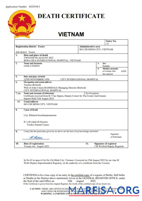 Bearbeitbar Vietnam vital record Tod Zertifikat Word and PDF Vorlage
