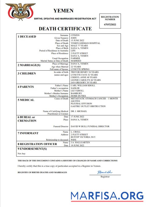 Professionell Jemen Tod Zertifikat Word and PDF Vorlage