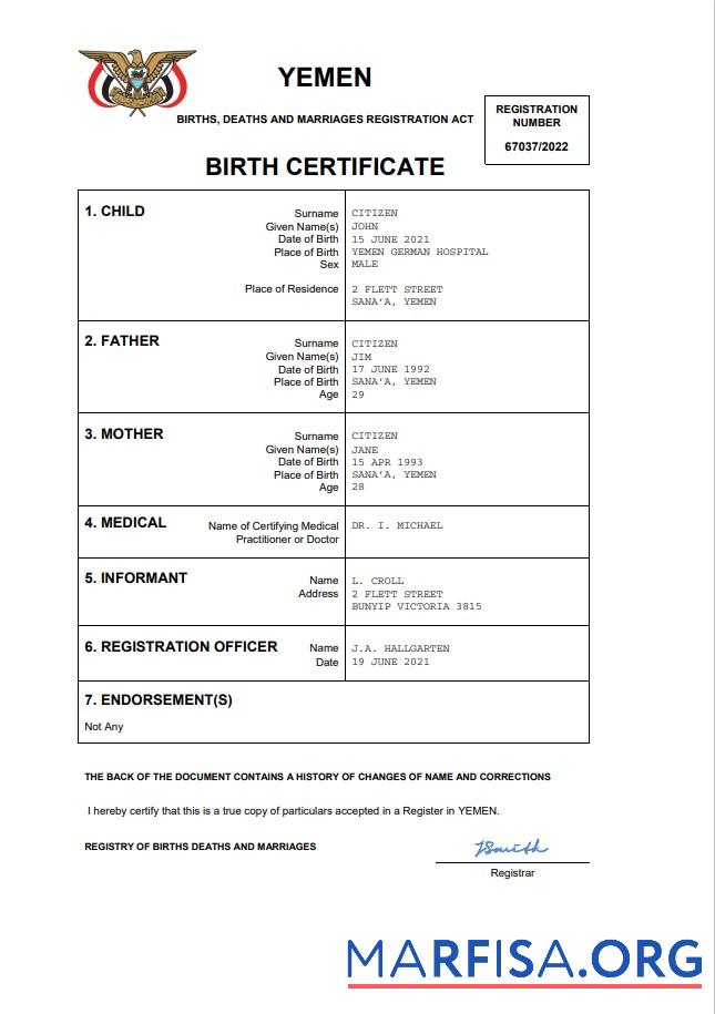 Professionell Jemen vital record Geburt Zertifikat Word and PDF Vorlage