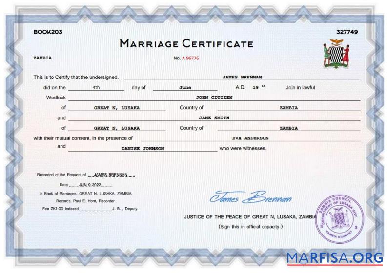 Bearbeitbar Sambia Ehe Zertifikat Word and PDF Vorlage