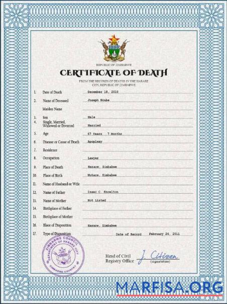 Premium Simbabwe Tod Zertifikat PSD Vorlage