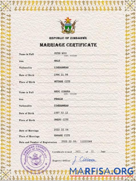 Premium Simbabwe Ehe Zertifikat PSD Vorlage