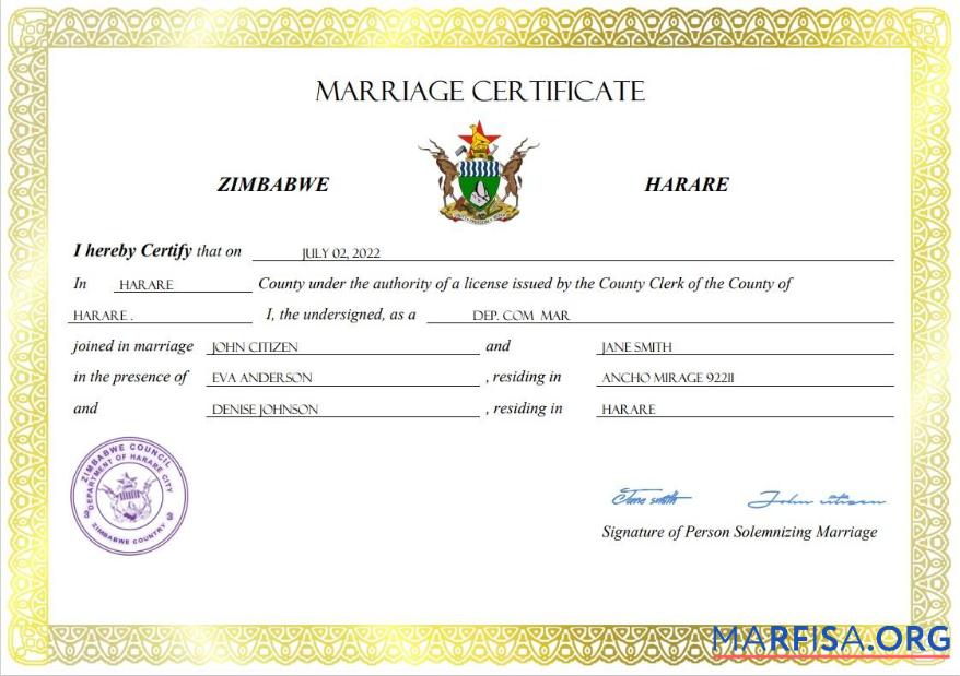 Premium Simbabwe Ehe Zertifikat Word and PDF Vorlage