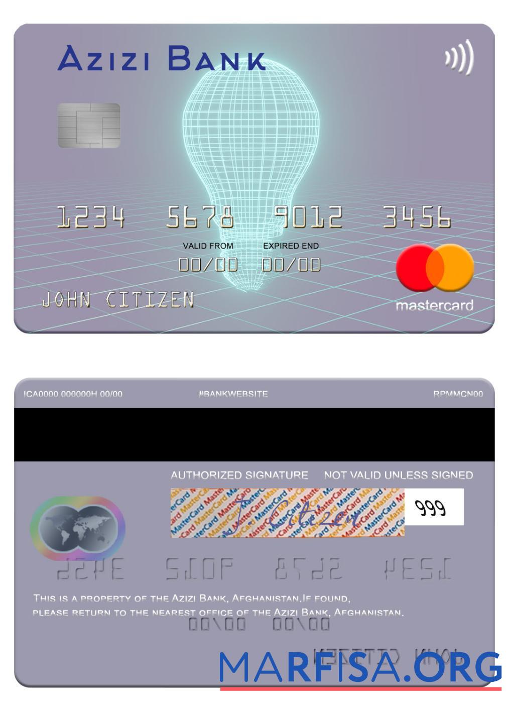 Афганистан Azizi Банковский mastercard шаблон
