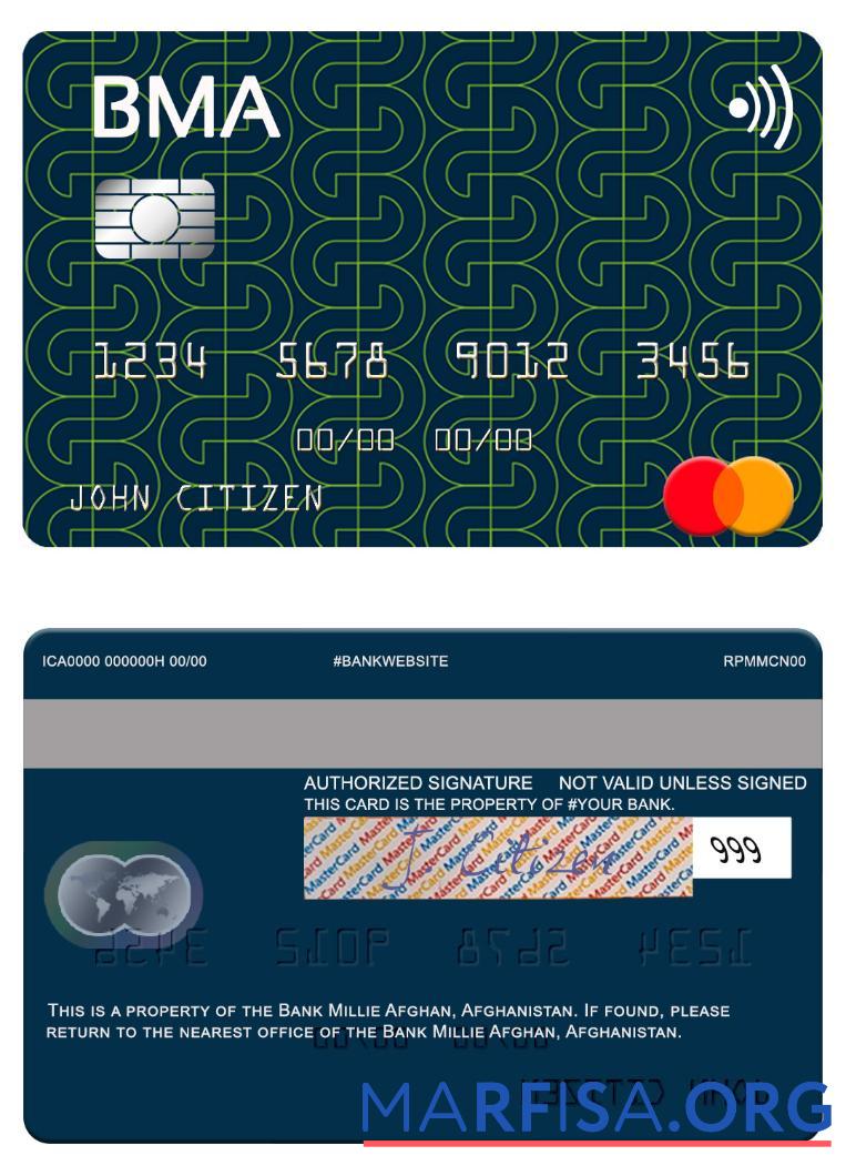 Афганистан Банковский Millie Afghan mastercard шаблон