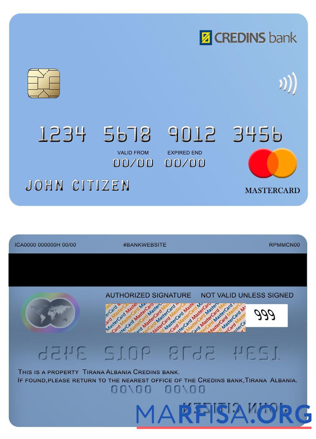 Албания Credins Банковский mastercard макет