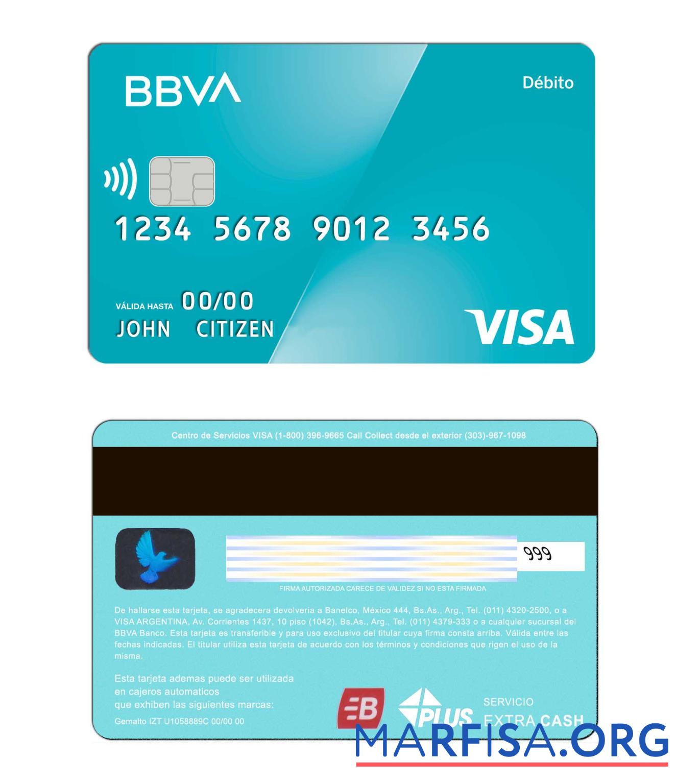 Аргентина BBVA Банковский Виза Дебет Карта образец