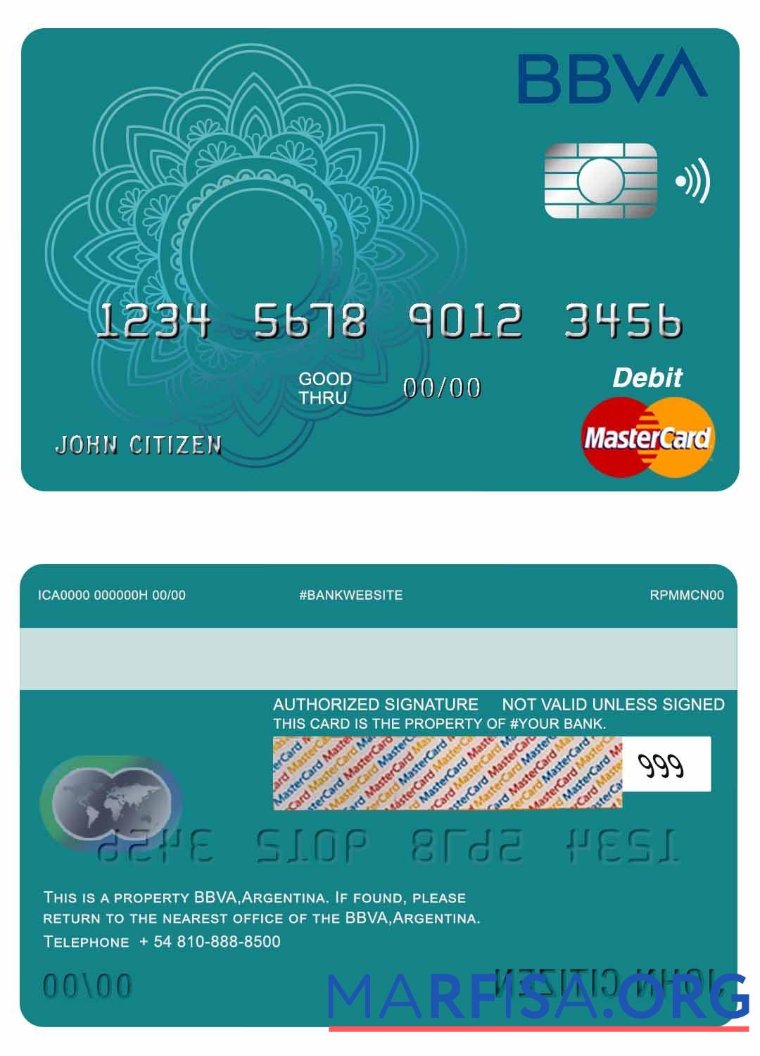 Аргентина BBVA Банковский mastercard Дебет шаблон