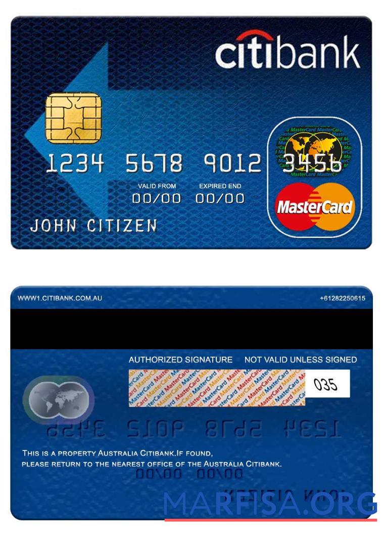 Австралия Citibank mastercard образец