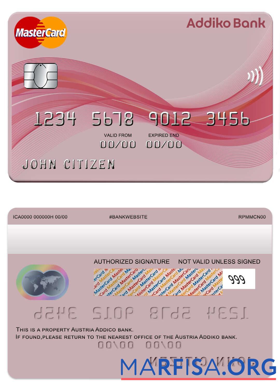 Австрия Addiko Банковский mastercard образец