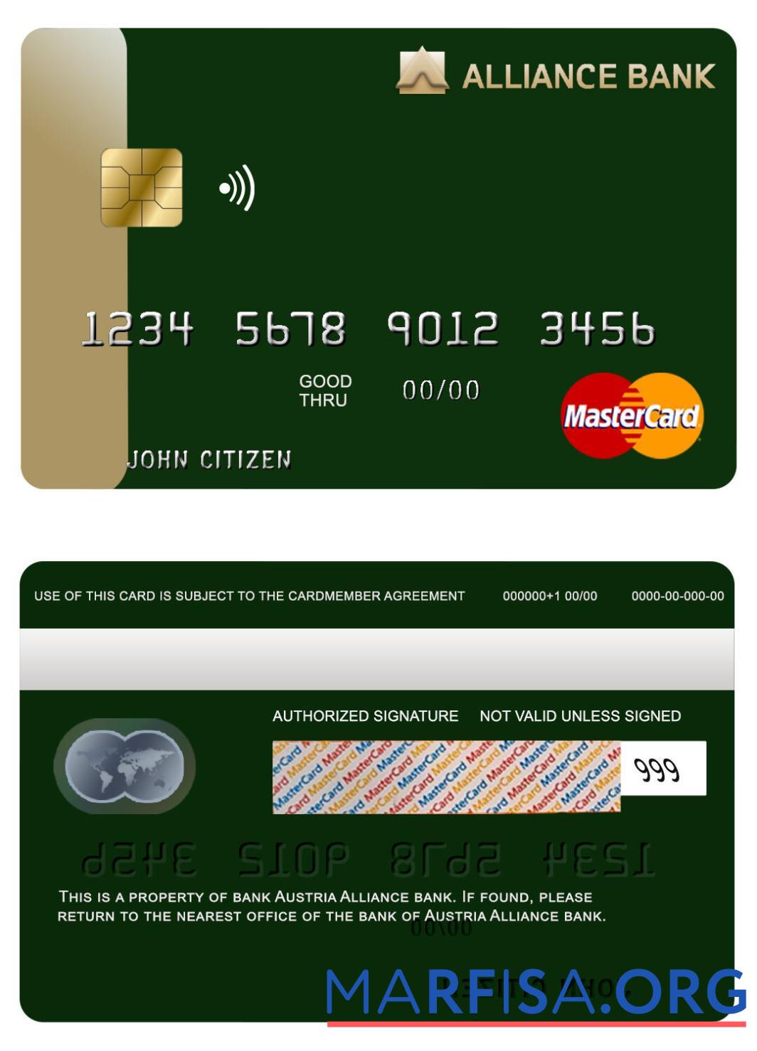 Австрия Alliance Банковский mastercard макет