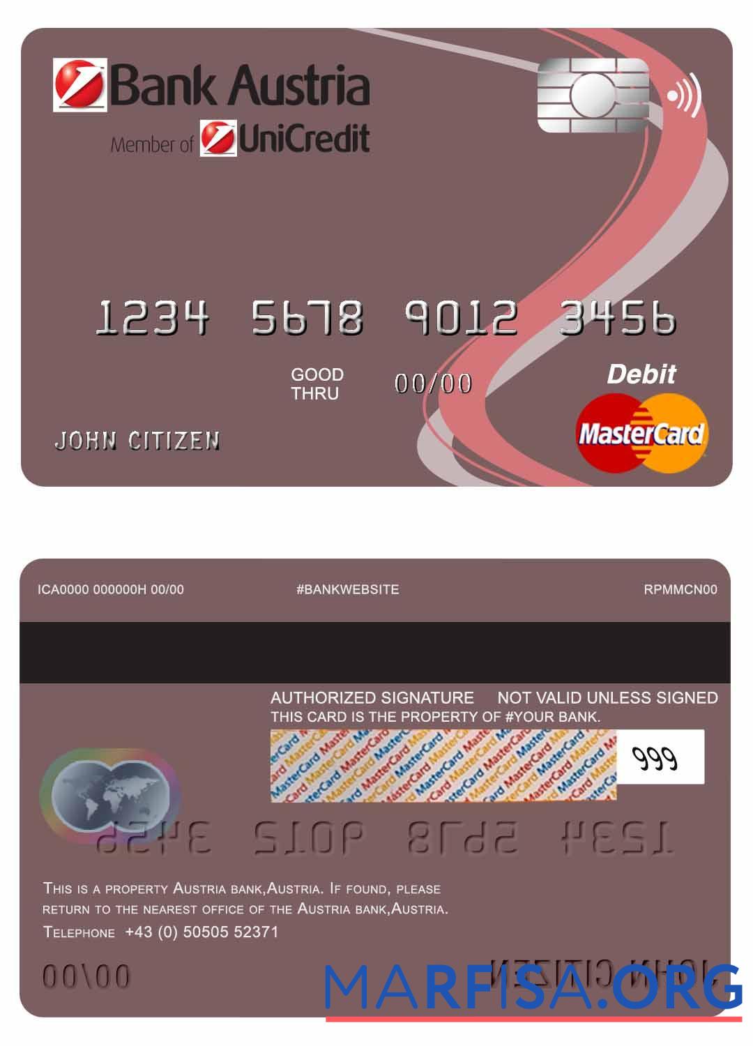Австрия Банковский Австрия mastercard Дебет Карта макет