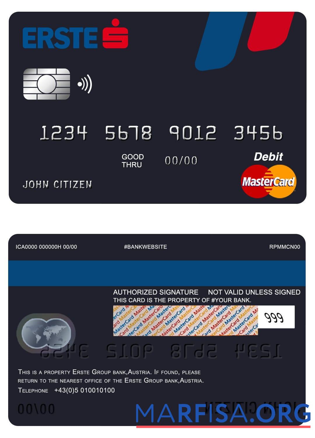 Австрия Erste Group Банковский mastercard шаблон