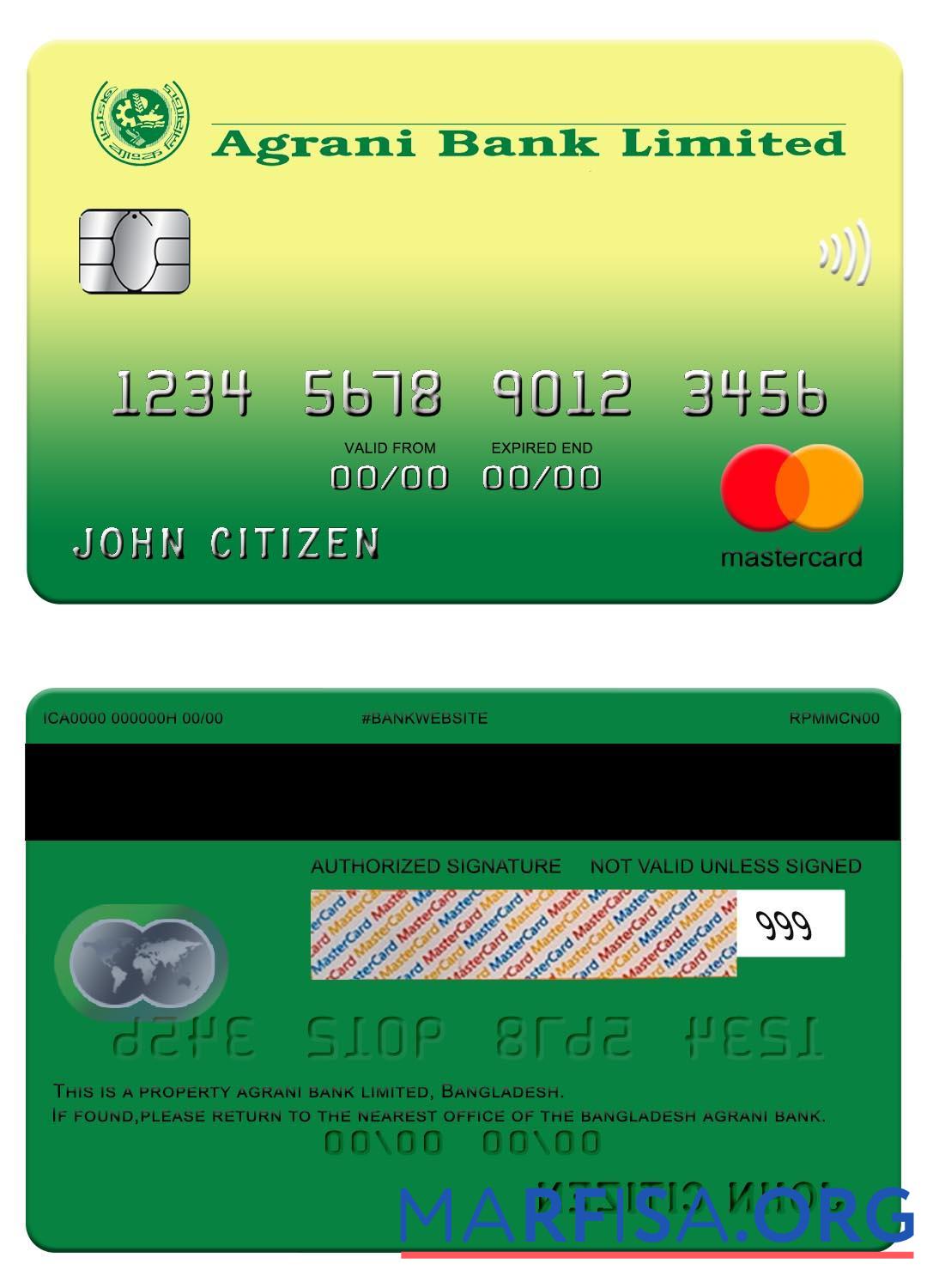 Бангладеш Agrani Банковский Mastercard макет