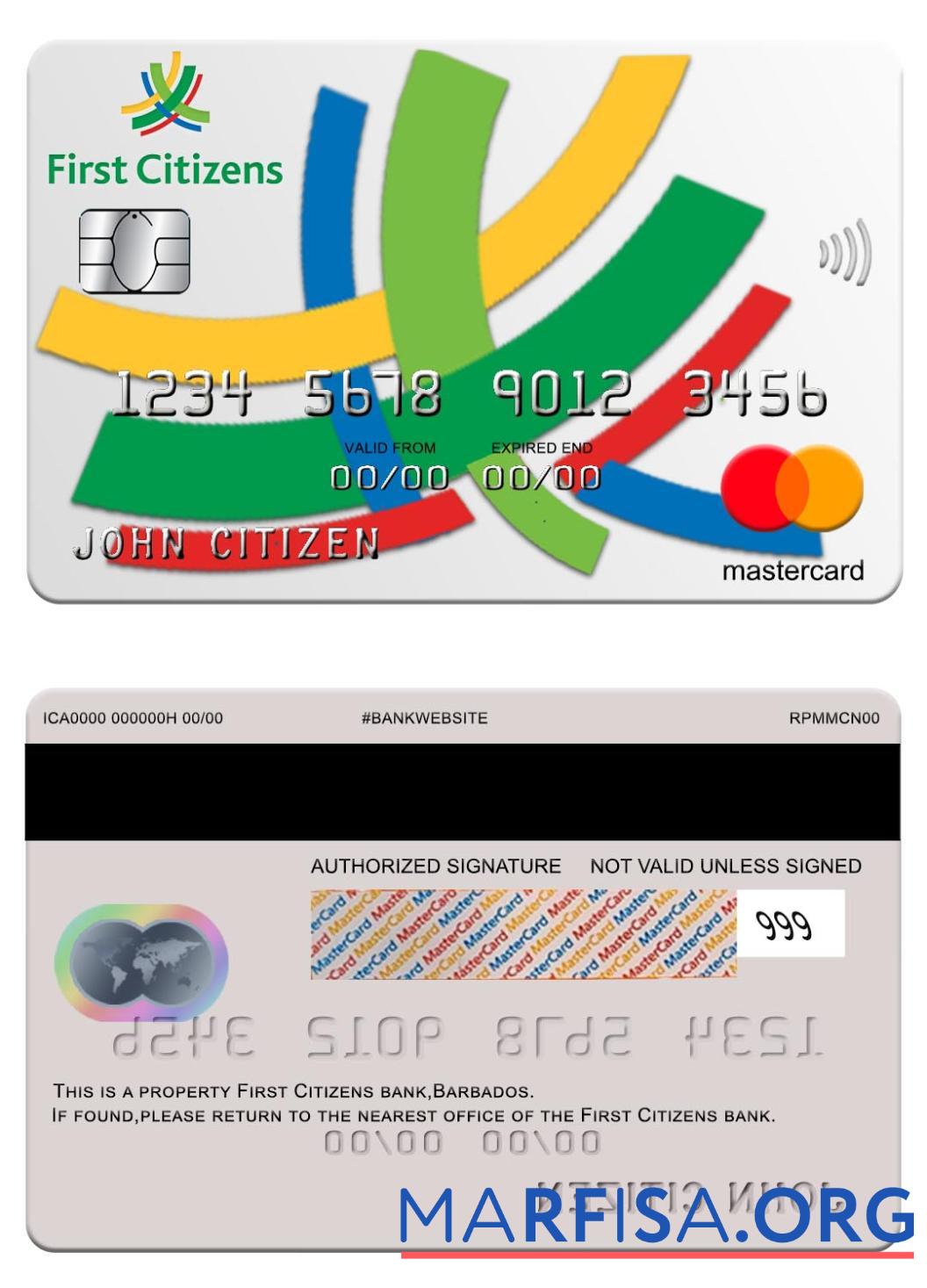 Барбадос First Citizens Банковский mastercard макет