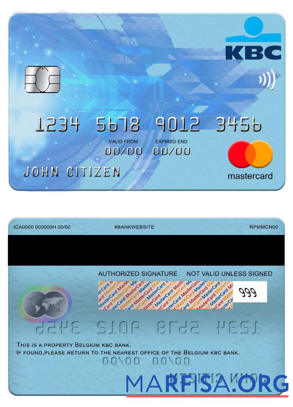 Бельгия KBC Банковский mastercard макет