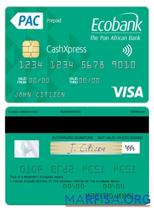 Бенин Ecobank Виза cashxpress Карта образец