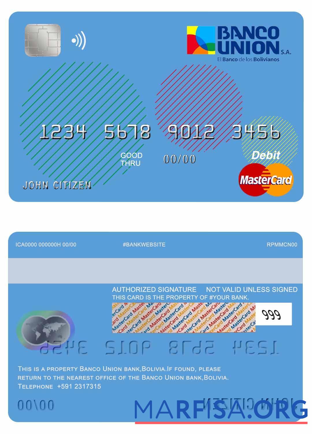 Боливия Banco союз Банковский mastercard Дебет Карта макет